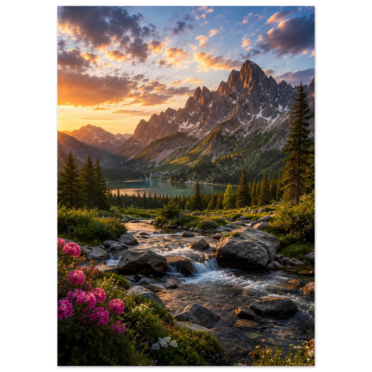 Wandposter im Hochformat: Sonnenaufgang über steilen Bergen, See im Tal, Bach und Tannen.