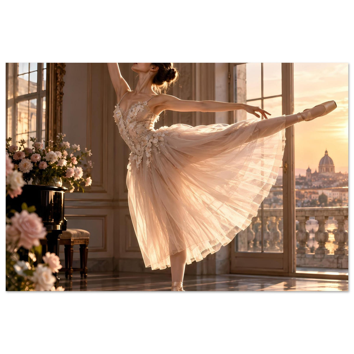 Poster mit Ballerina im weißen Tutu, ausgestellter Rock und ruhige, elegante Körperhaltung