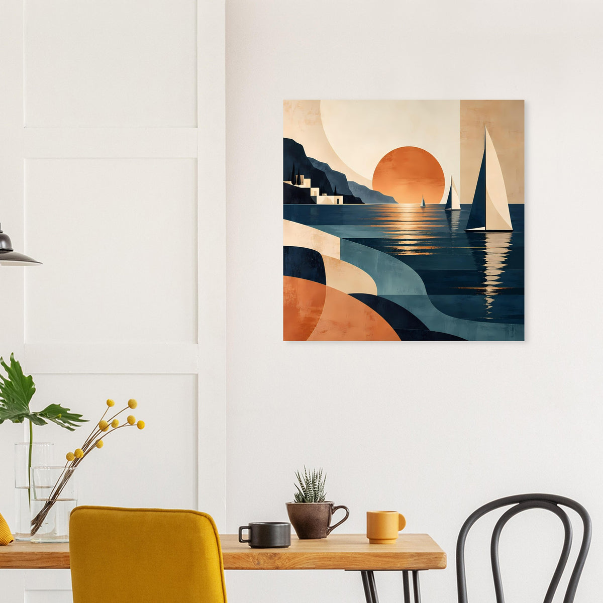 Poster im Hochformat mit Sonnenuntergang, Segelschiffen und Wellenreflexen