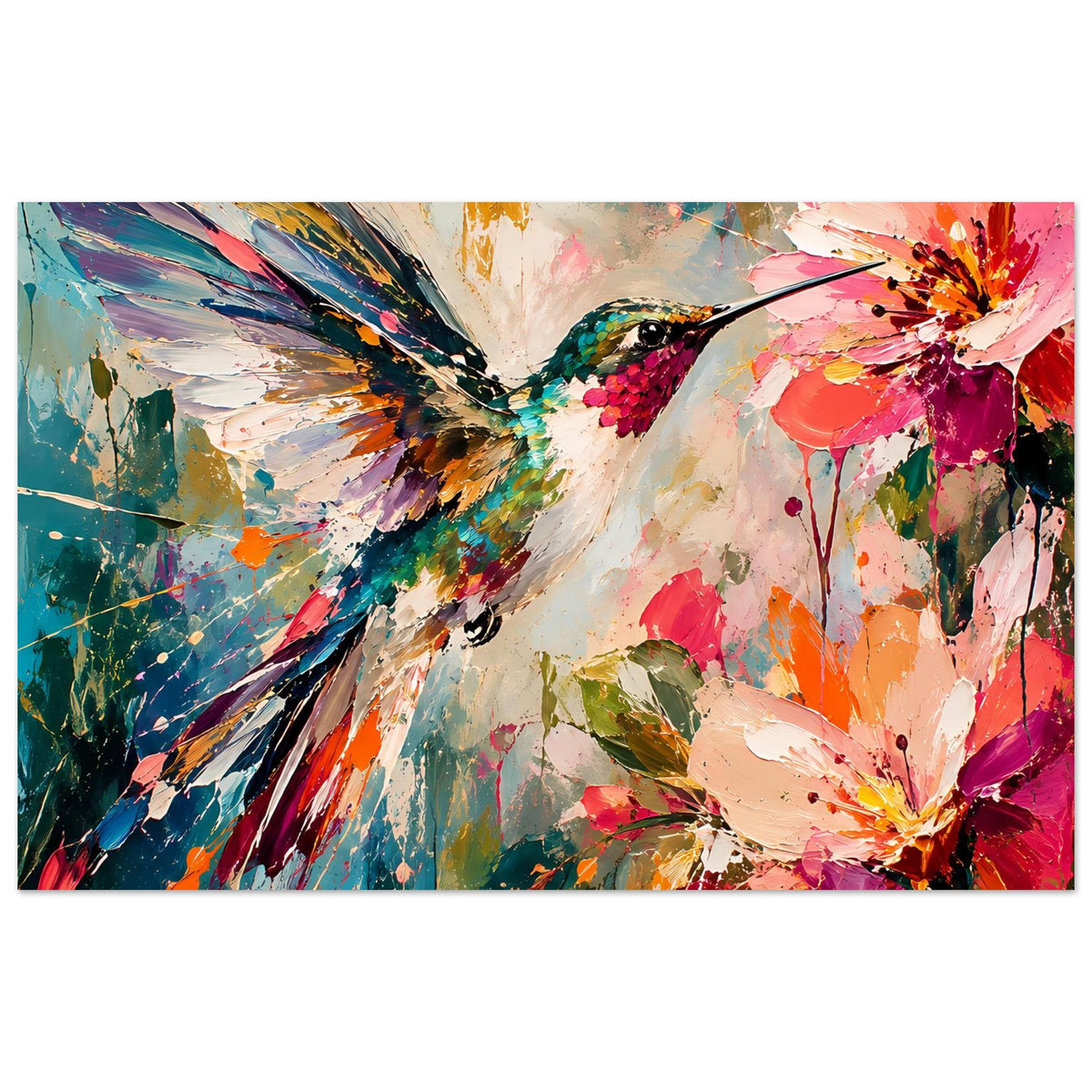 Kunstdruck mit Kolibri und bunten Blüten, abstraktes Farbspritz-Design in Querformat