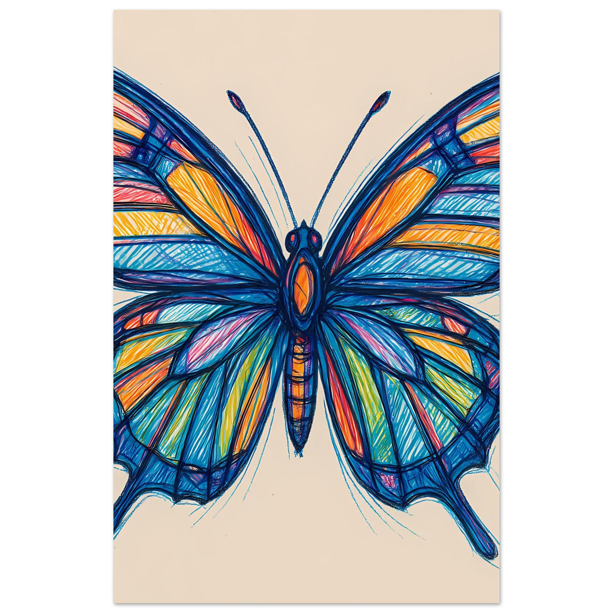 Schmetterlingskunstposter mit vertikalem Ausschnitt, große Flügel in Blau und Orange, Schmetterling zentriert