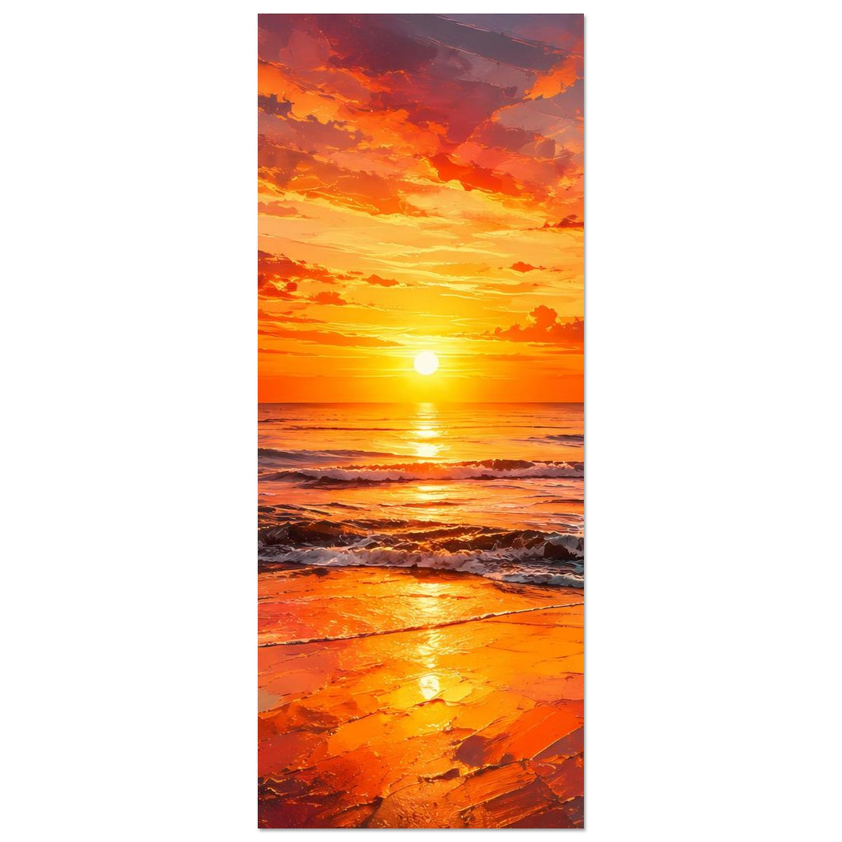 Schmales Hochformat-Poster mit Sonnenuntergang am Meer, goldene Sonne über der Küste und Wellen