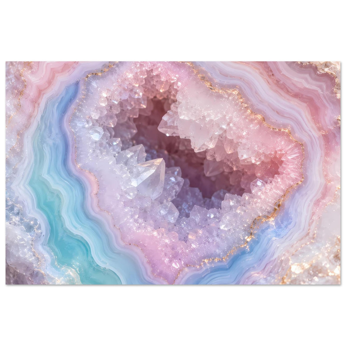 Poster mit Geodenherz-Motiv in Pastellfarben: rosa, lila und hellblau mit Kristall-Glanz