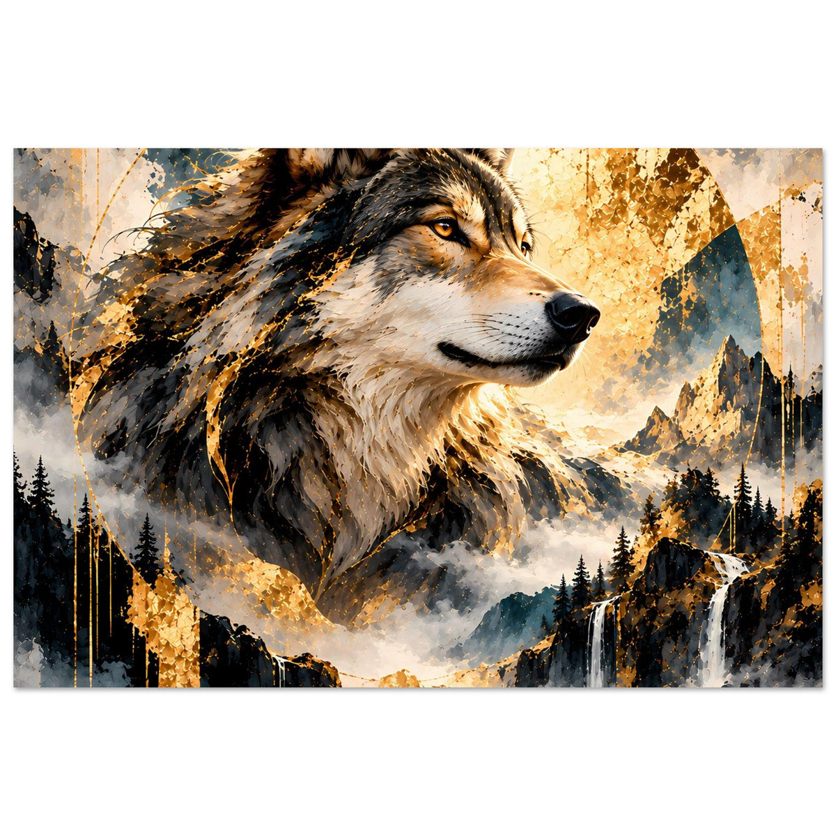 Poster im Querformat: Wolf im Vordergrund, goldfarbene Sprenkel-Optik, Berge, Nebel und Tannen
