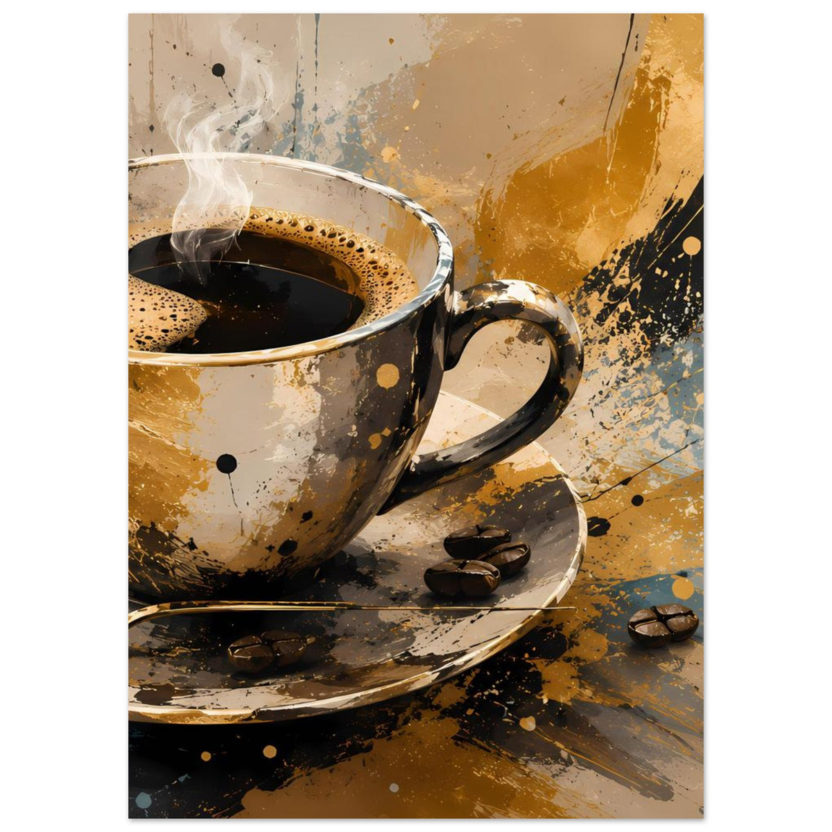 Hochformatiges Kaffeetassen-Poster mit dampfender Tasse, Untertasse und gesprenkelten Bohnen