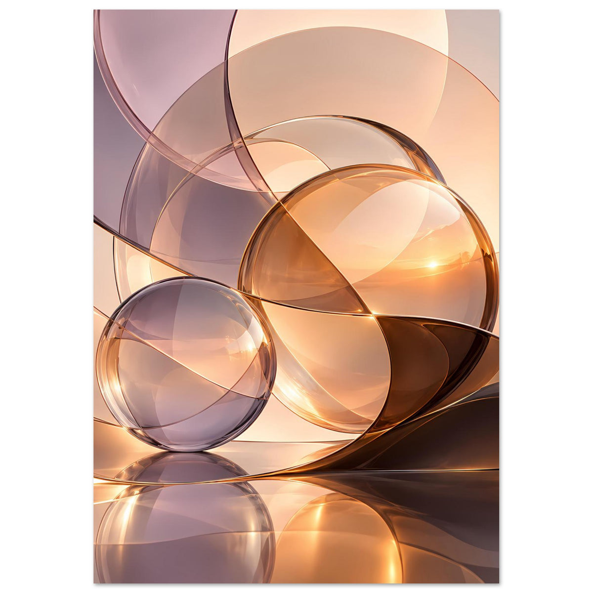 Abstraktes Poster: transparente Glas-Sphären in Gold-, Beige- und Violettnuancen