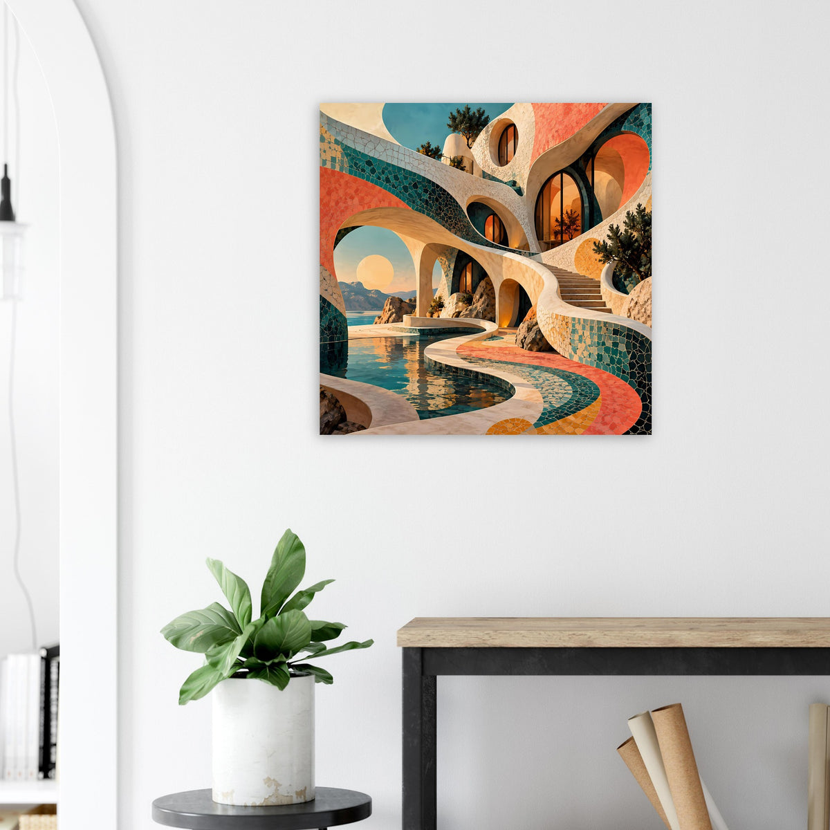 Kunstposter mit Mosaik-Bögen und türkis-korallenem Wasser, rechteckige Farbflächen