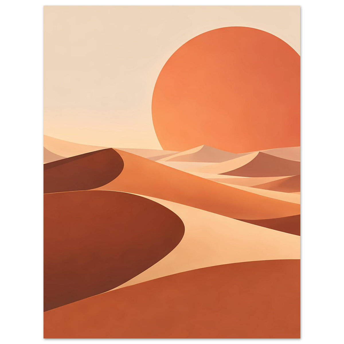Abstraktes Wandposter im Hochformat mit großer orangefarbener Sonne und Wüstenebenen