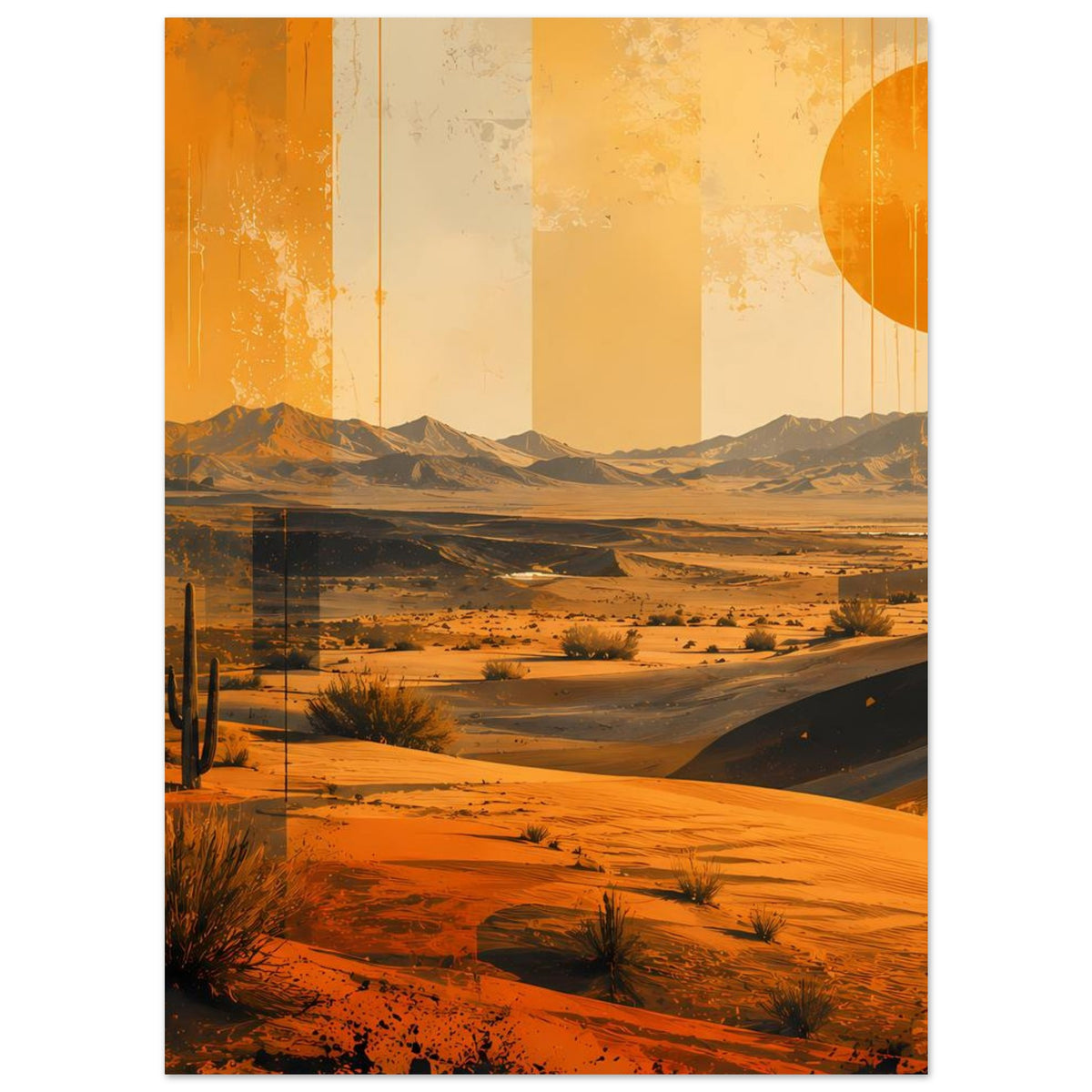 Wüstenposter mit Kakteen, Sanddünen und orangefarbener Sonne im Vintage-Look