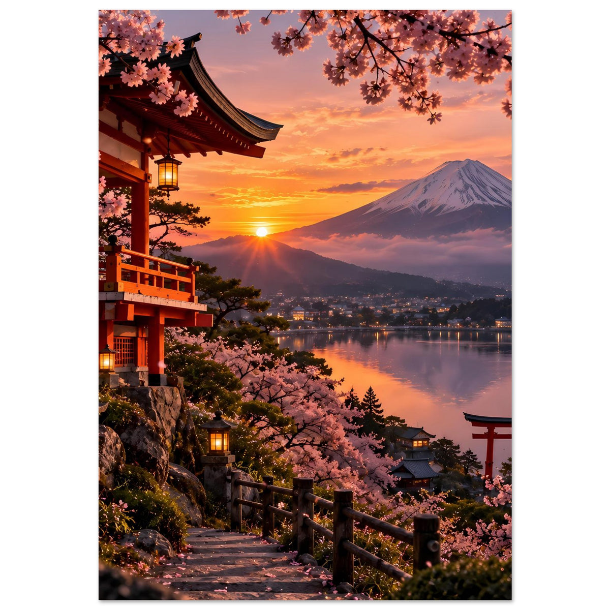 Premium-Poster mit Fuji über dem See, Kirschblüten am Weg und roter Tempelarchitektur links