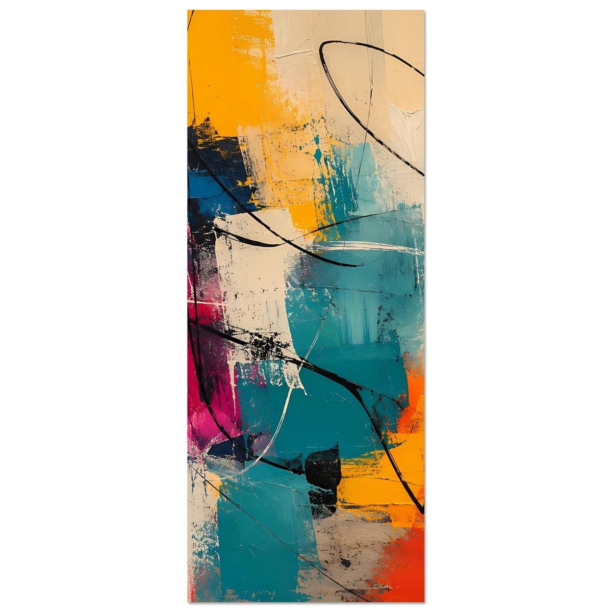 Abstraktes Kunstposter im Hochformat mit farbiger Textur und schwarzen Linien auf hellem Grund