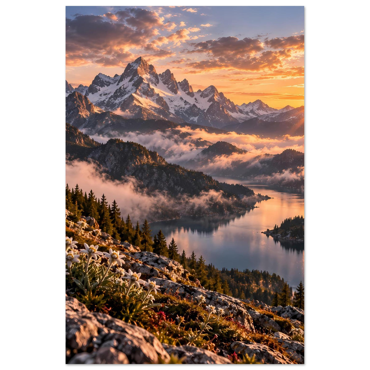 Bergsee-Poster mit Alpen, orangefarbenem Sonnenaufgang und spiegelndem See
