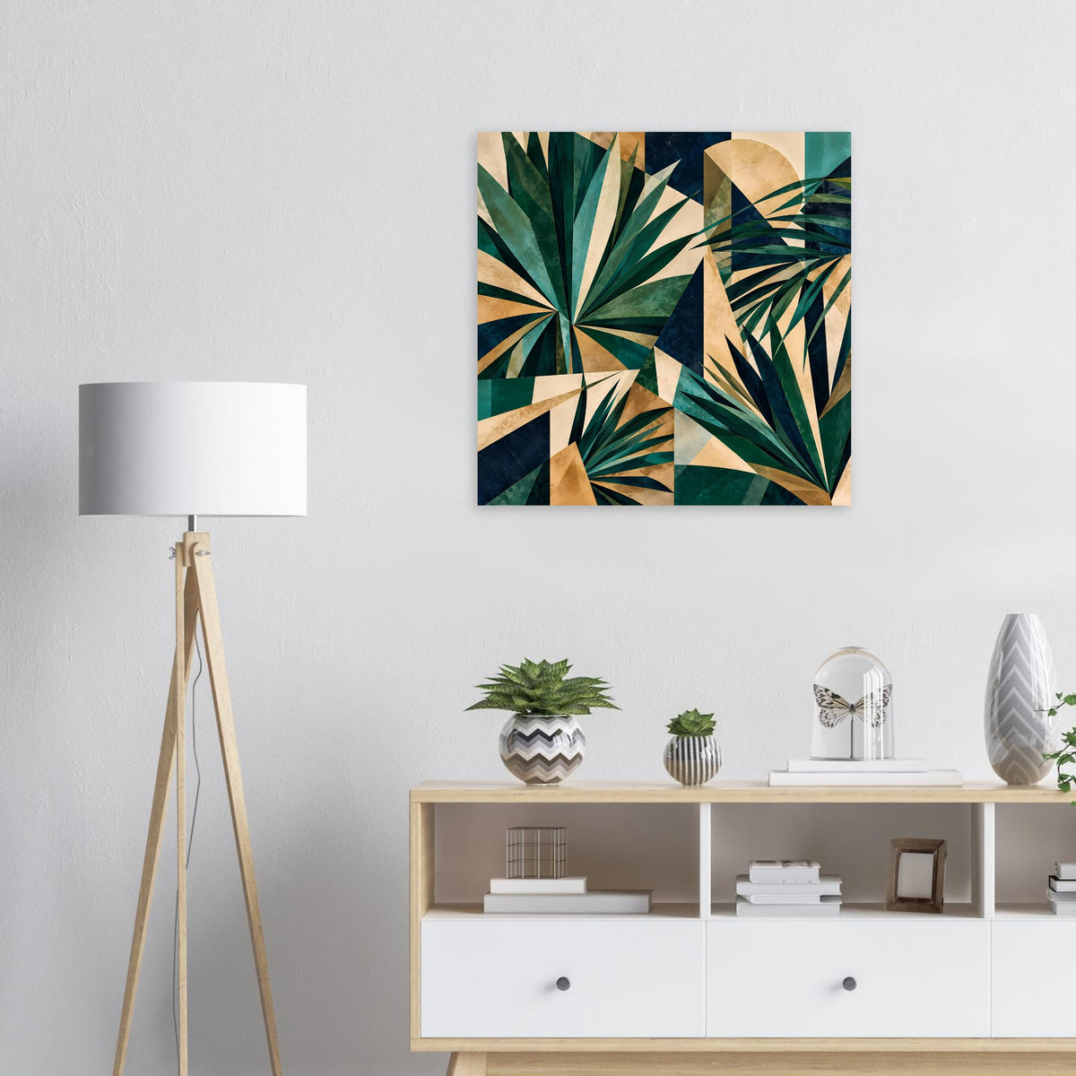 Quadratisches Kunstposter mit geometrischen tropischen Blättern in tiefem Grün und Gold