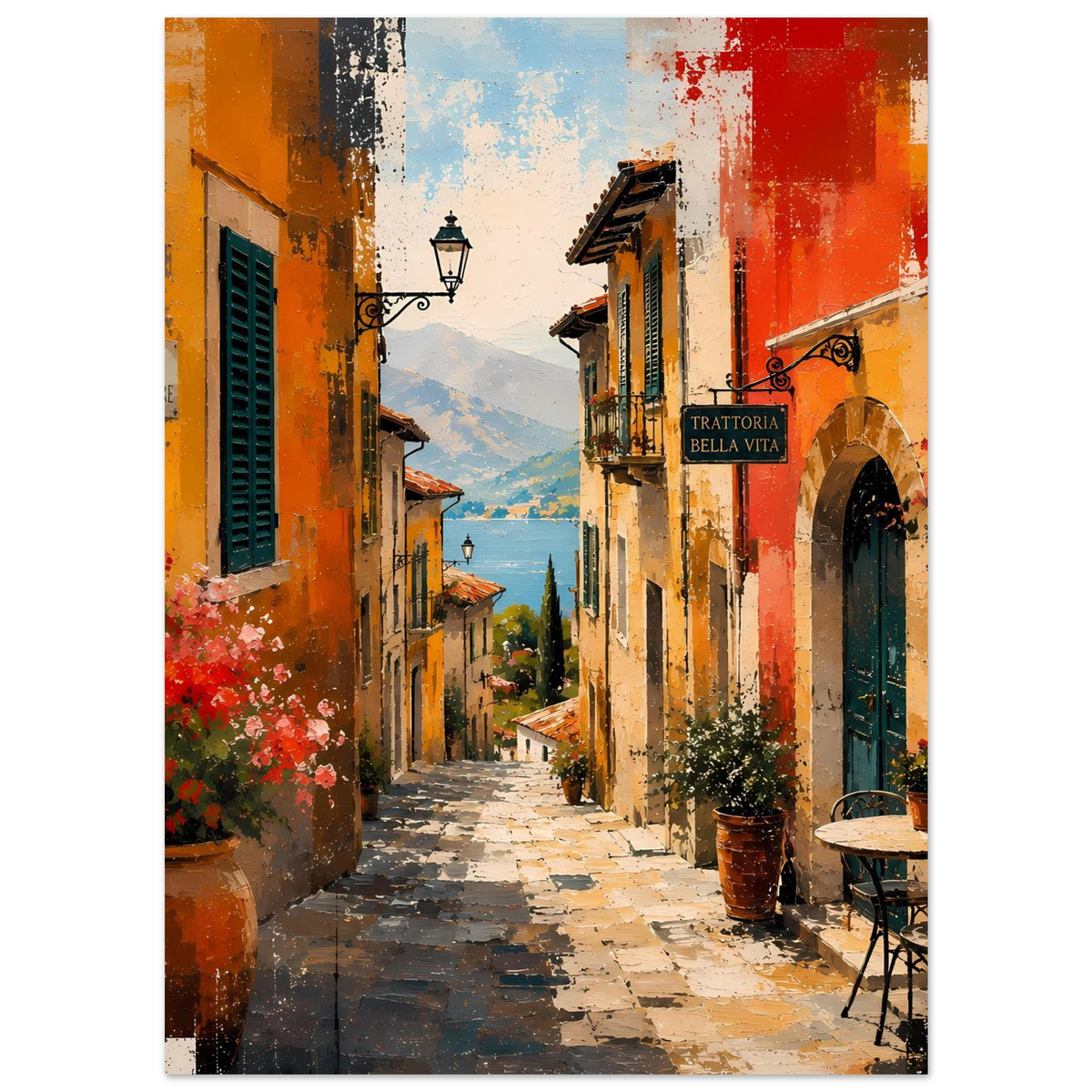 Mediterranes Wandposter Hochformat mit Gebäudeflanke, Orange/Rot, blauem Fensterladen und Blumen