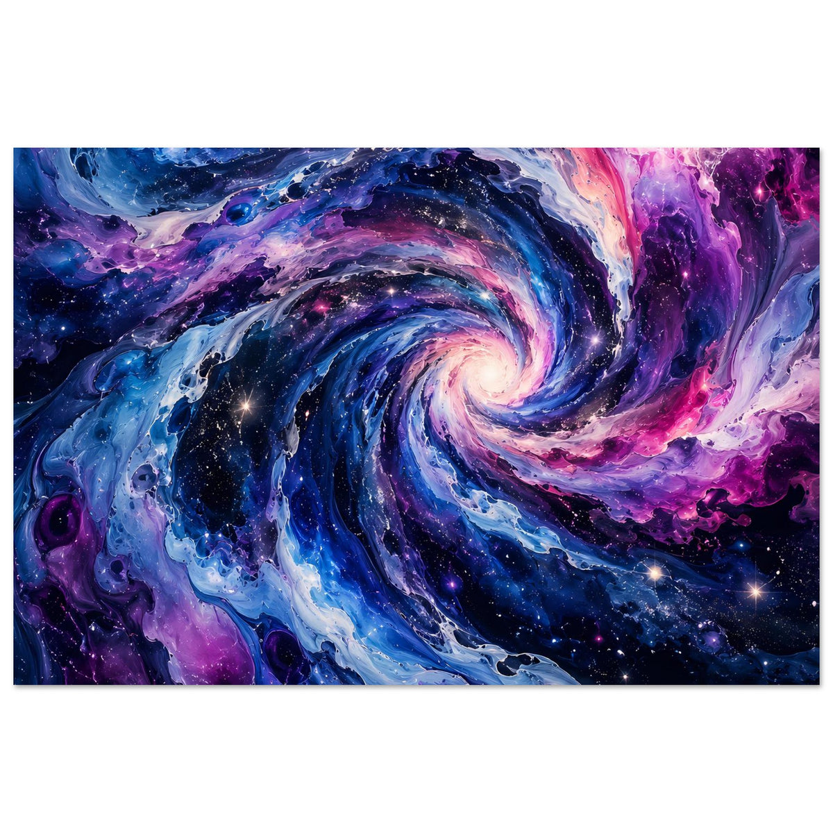 Rechteckiges Poster: Spiralgalaxie mit leuchtendem Zentrum, Blau- und Rosatönen