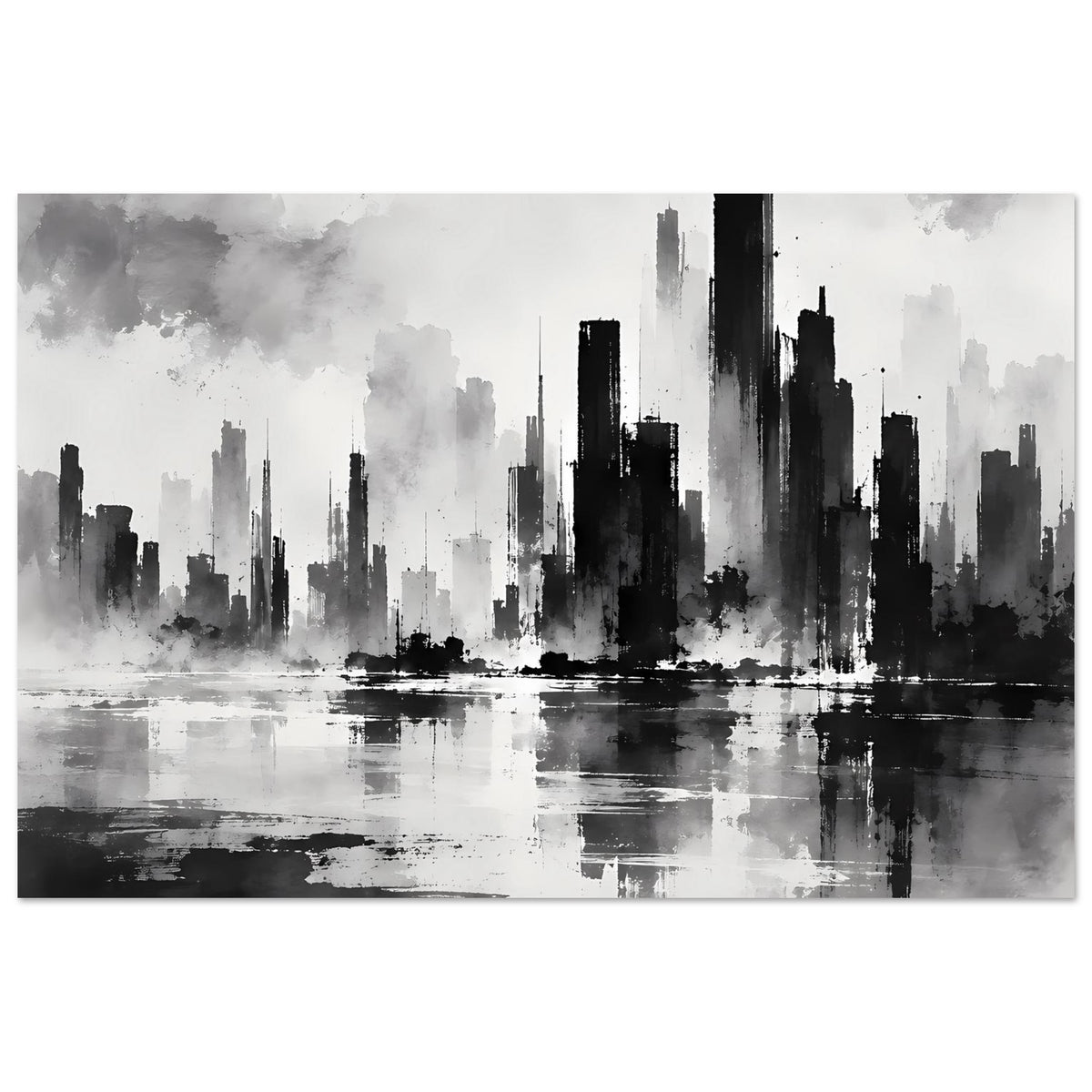 Schwarzweiß-Poster mit dunkler Skyline, Wasserreflexion und wolkigen Verläufen, horizontal
