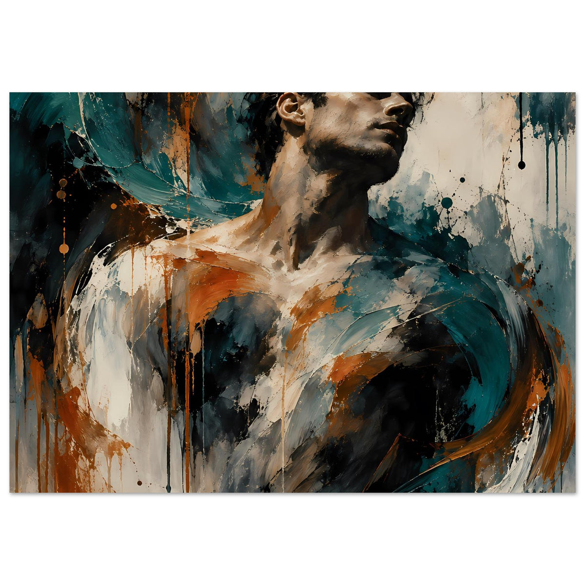 Kunstposter mit expressionistischem Porträt eines Mannes, Rostorange, Petrol und Pinselstrichen