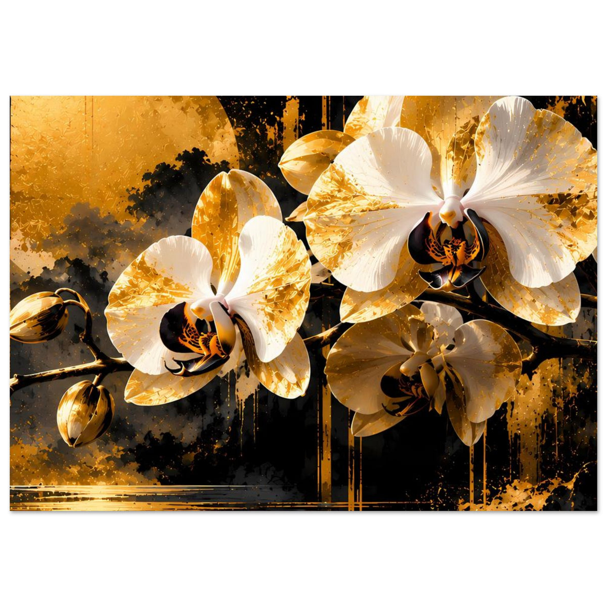 Blumenposter mit gold-weißen Orchideenblüten und goldenen Sprenkel-Details