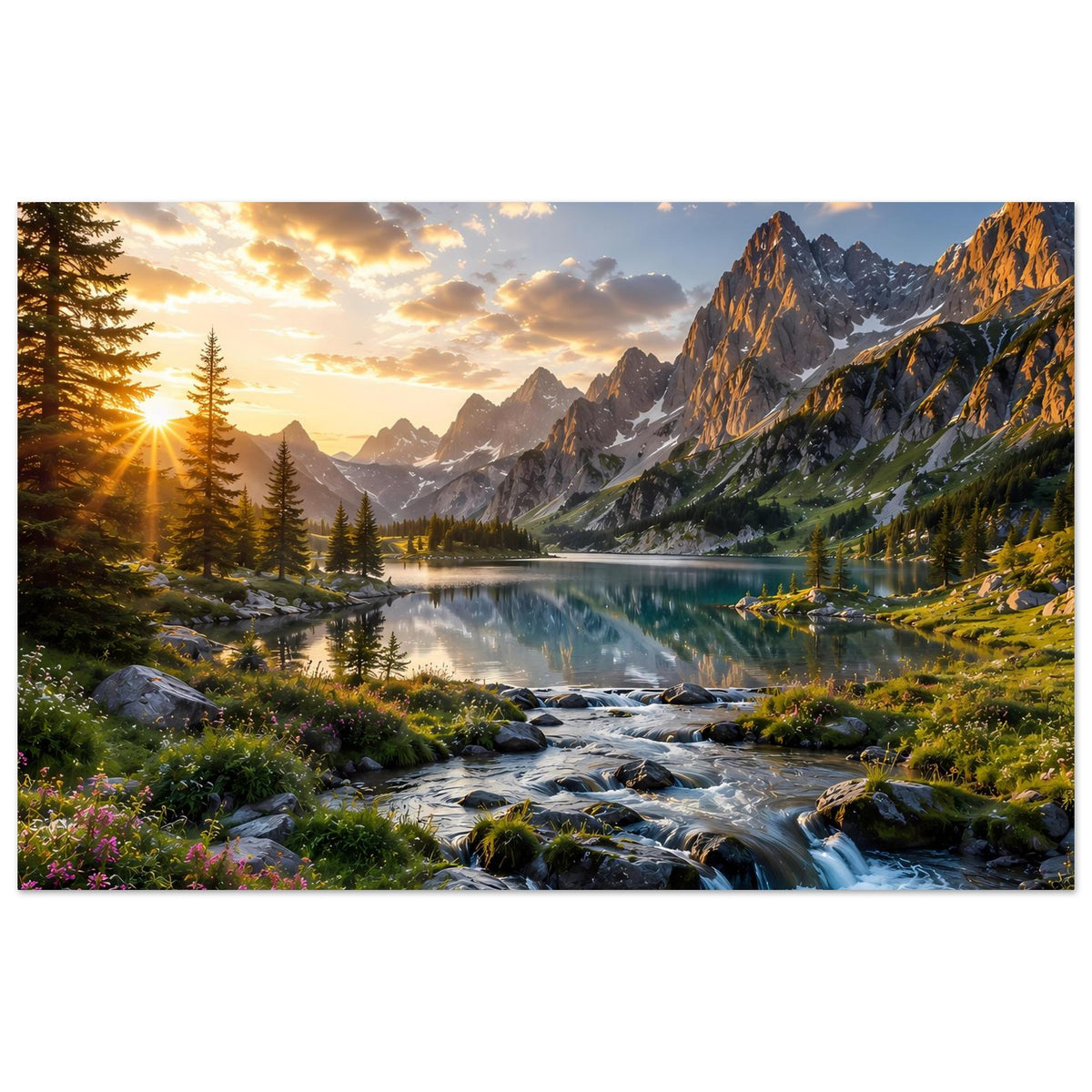 Horizontales Berglandschafts-Poster mit Sonnenaufgang, See, Bach, Alpengebirge und Fichten