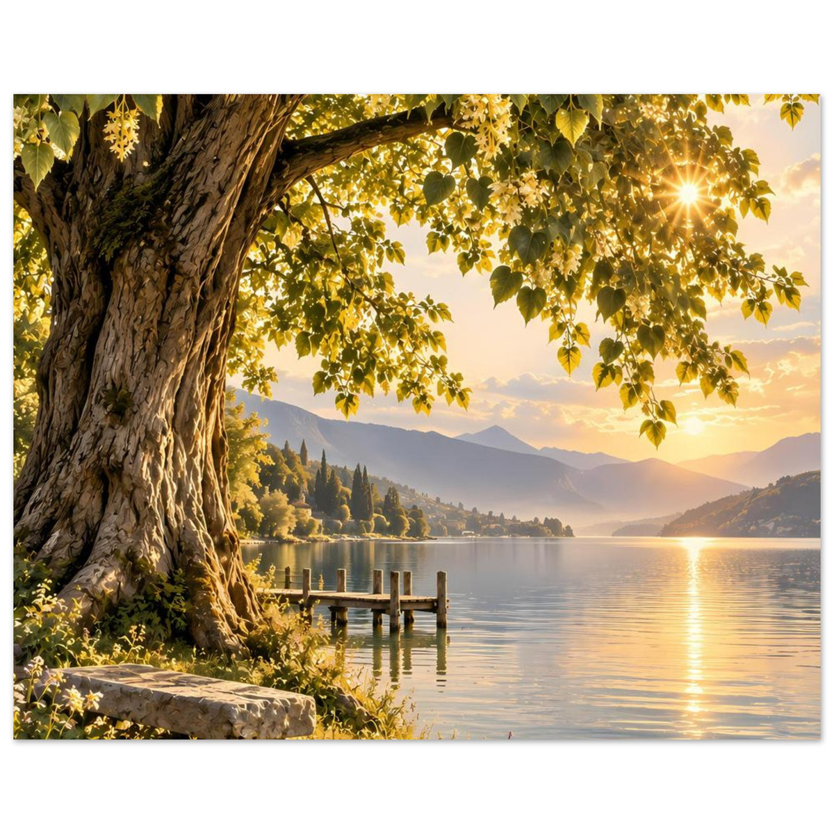 Poster mit Blick auf Baum am Ufer, Holzsteg und Lichtreflexen im Wasser