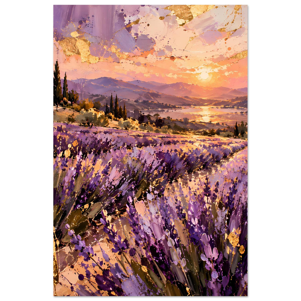 Vertikales Landschaftsposter mit Lavendelfeld, violetten Blüten und goldener Abendsonne