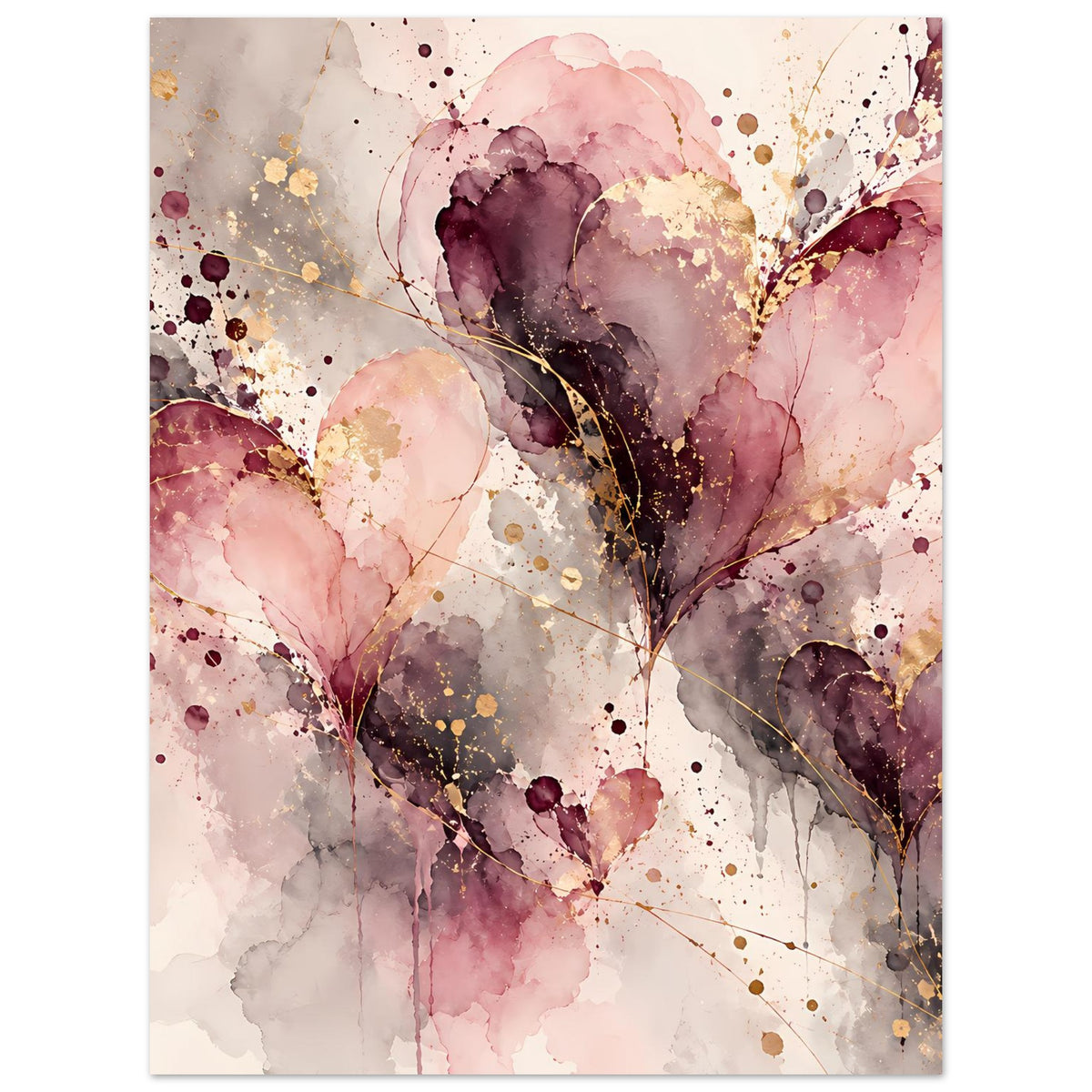 Kunstposter mit Herz-Illustration in Rosa, Lila und Gold, vertikal