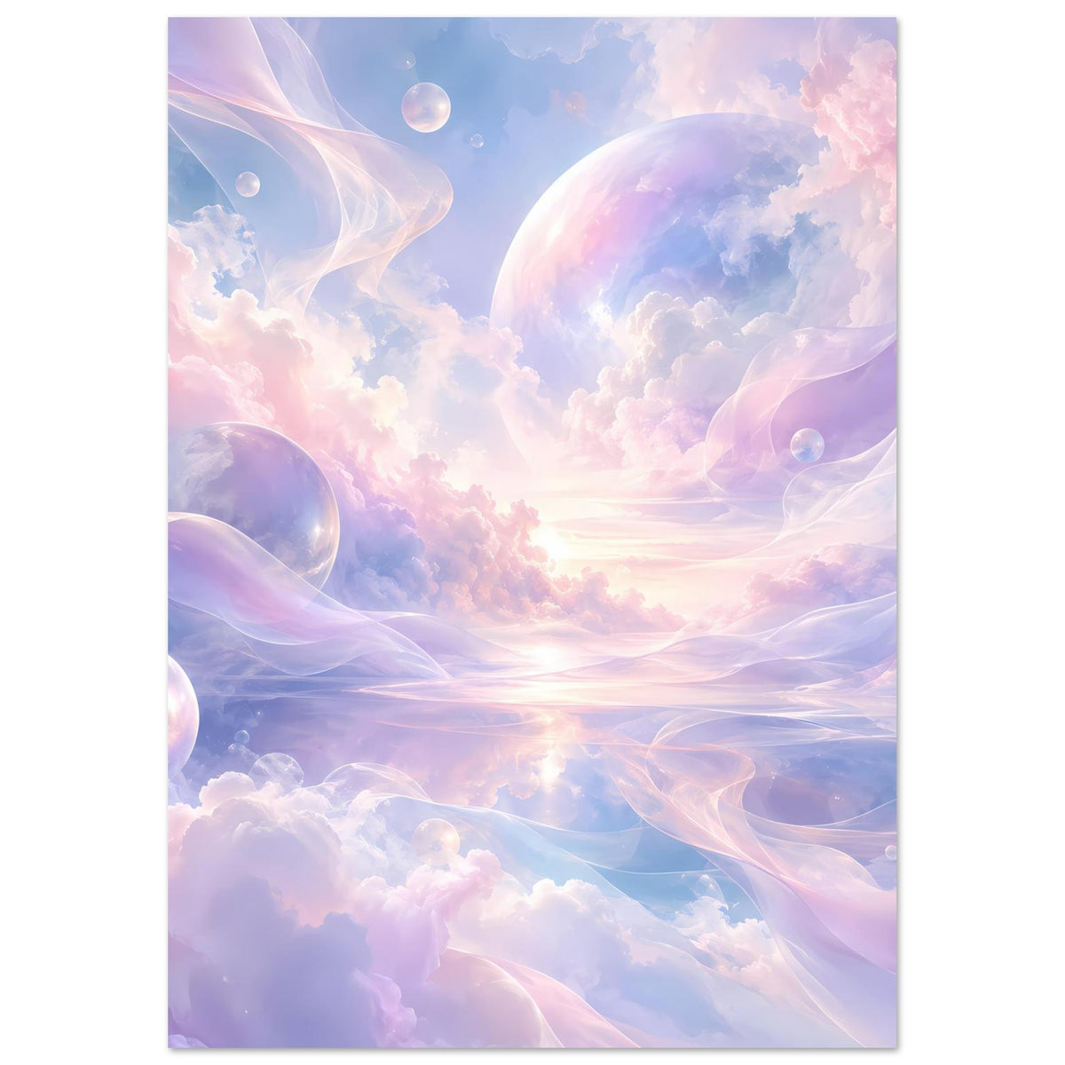 Hochformat-Poster mit pastellfarbenen Wolken, schwebenden Kugeln und zartem Morgenlicht
