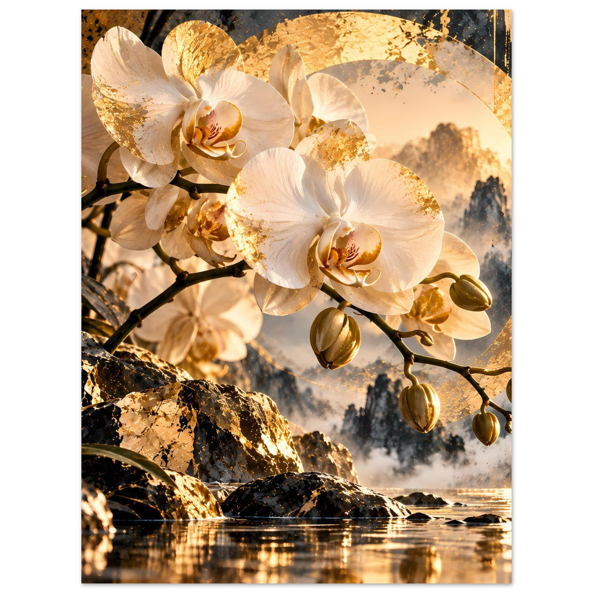 Orchideenposter, weiße Blüten an schwarzem Ast mit goldenem Rundmotiv und Felsen