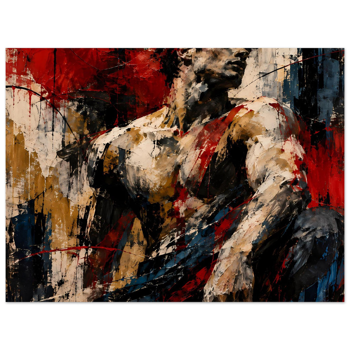 Abstraktes Muskelkunst-Poster mit kontrastreichen Spritzern und Torso in Rot, Schwarz und Blau