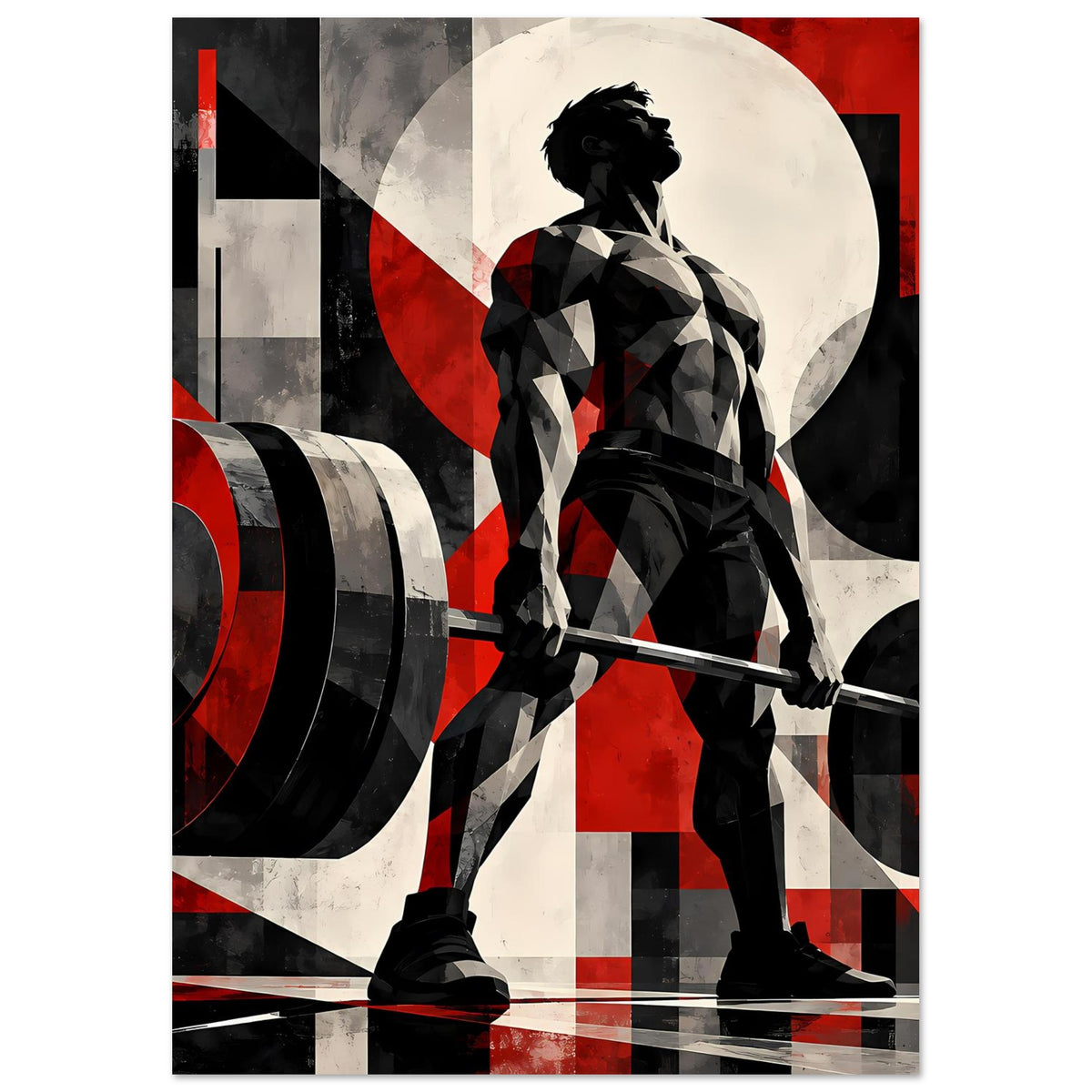 Fitnessposter mit Gewichtheber-Silhouette und Hantel, rote und schwarze Elemente, Hochformat