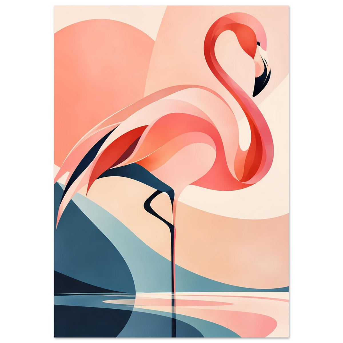Kunstdruck mit Flamingo-Motiv, rote und rosafarbene Federformen, unten ein blauer Horizont