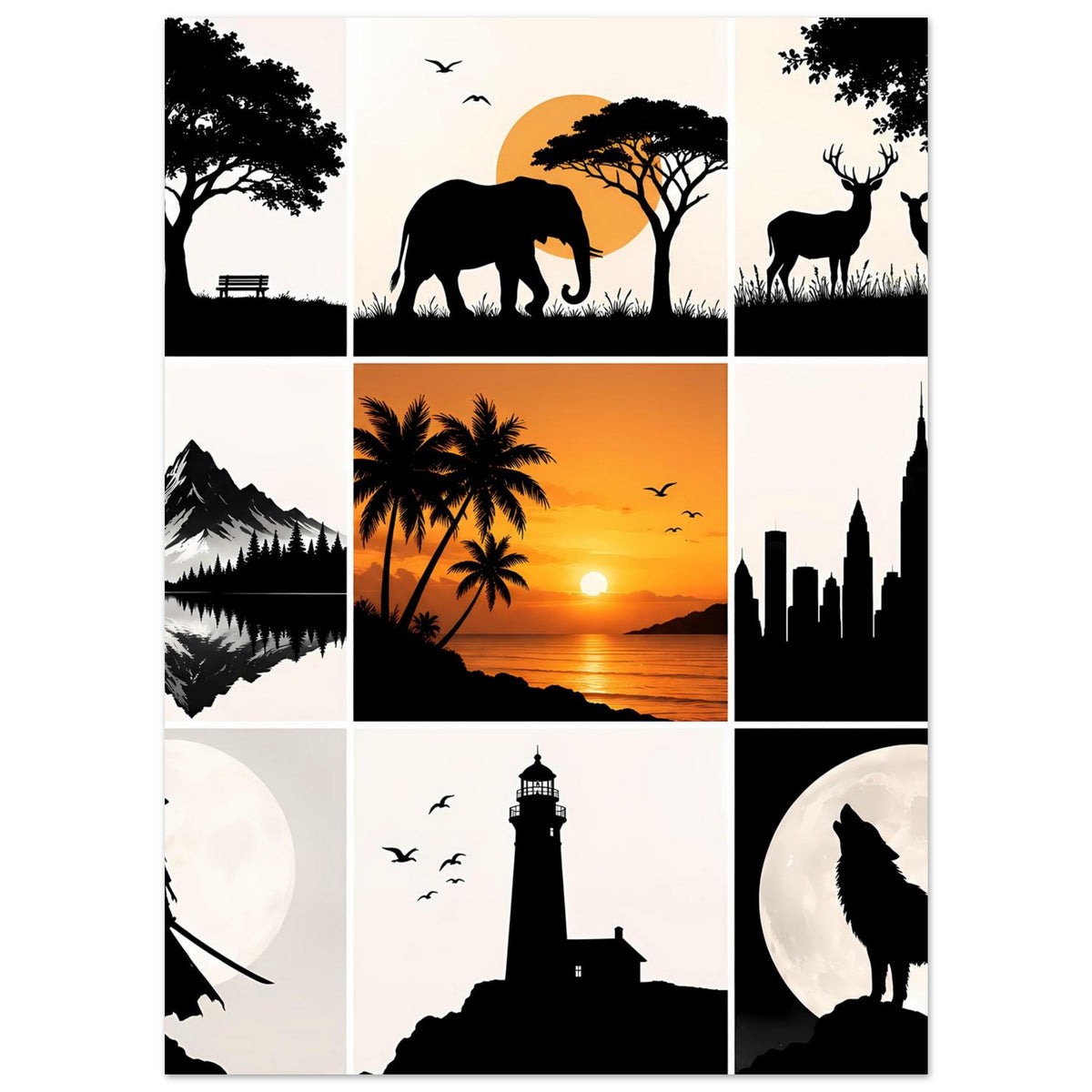 Kunstposter mit Collage: Elefant, Hirsche, Palmenlandschaft, Stadt-Silhouette und Leuchtturm