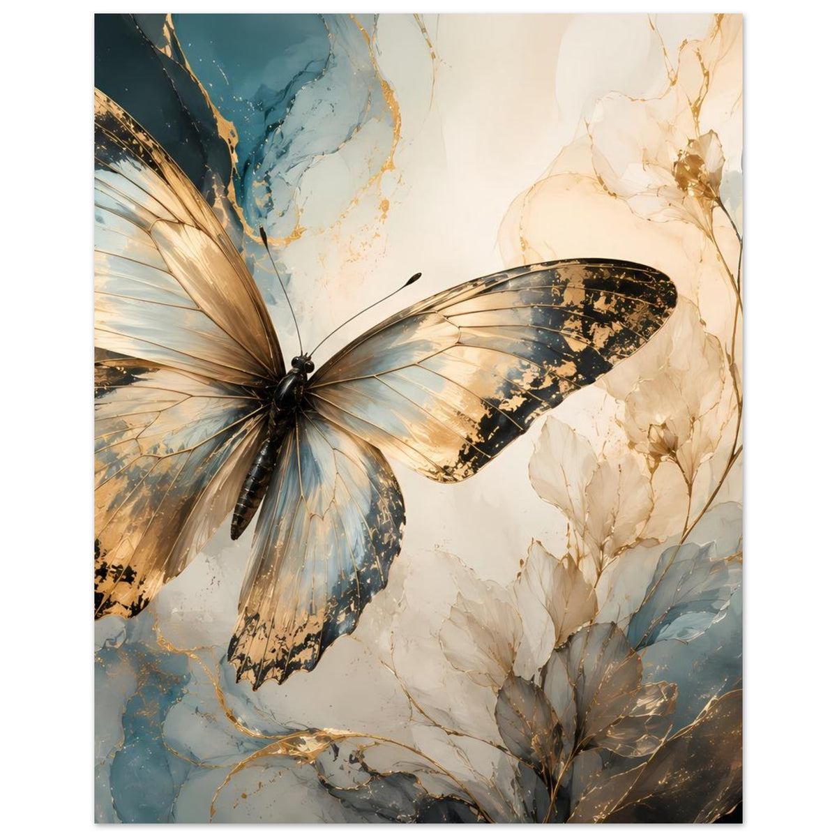 Kunstposter mit Schmetterling in Blau und Gold sowie goldbeigen Blättern und Zweigen
