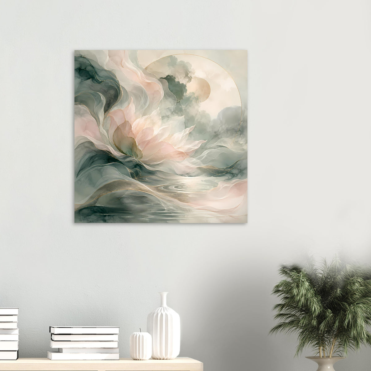 Quadratisches Poster mit abstrakten Blüten, Pastellrosa, Salbeigrün und beigen Farbtönen
