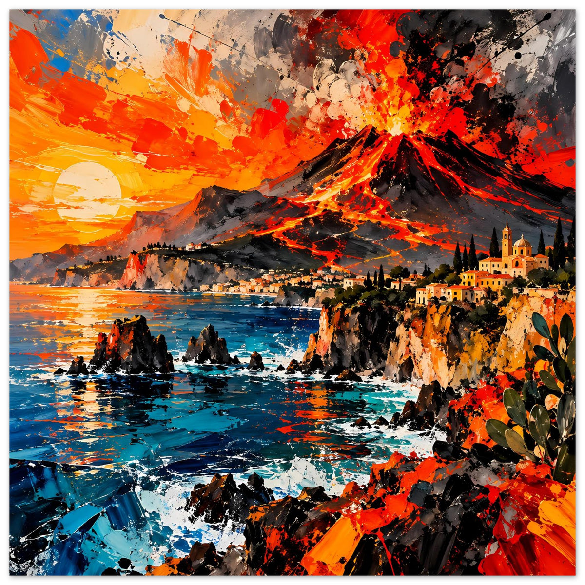 Poster im Hochformat: dramatischer Vulkan mit Feuerfontänen über Wasser und Felsklippen