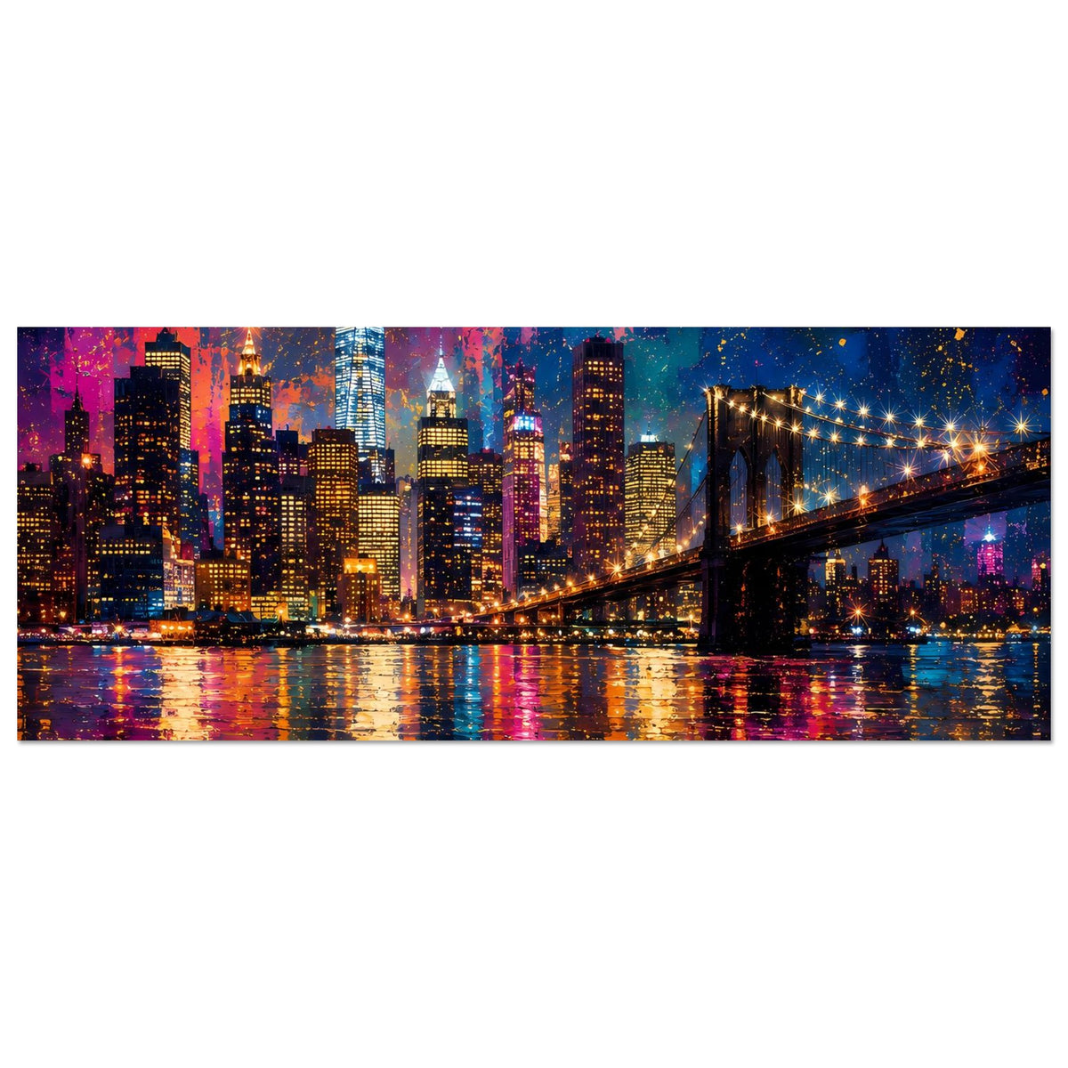 Horizontaler Wanddruck: Skyline mit Hängebrücke bei Nacht, bunte Lichter und Reflexionen im Fluss