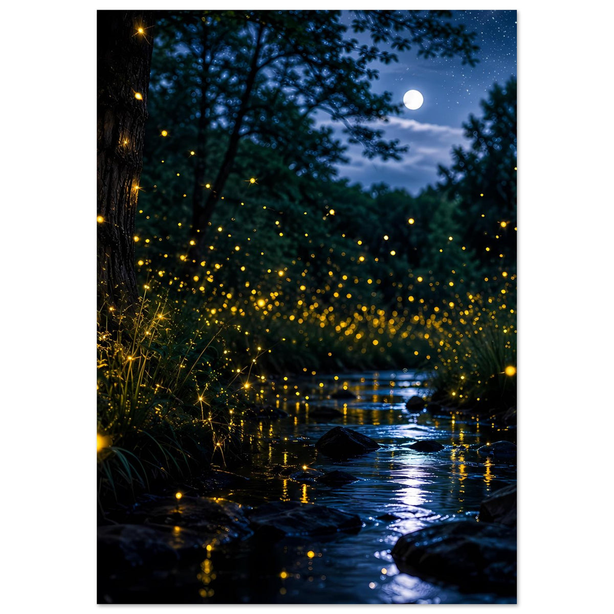 Leuchtposter (hochkant) mit Glühwürmchen über Wasserfläche und nächtlichem Wald
