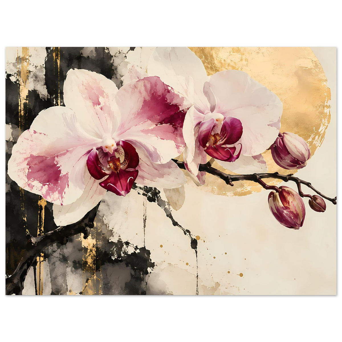 Blumenposter mit Orchideen in Weiß und Rosa, goldene Akzente, dunkle verzweigte Äste