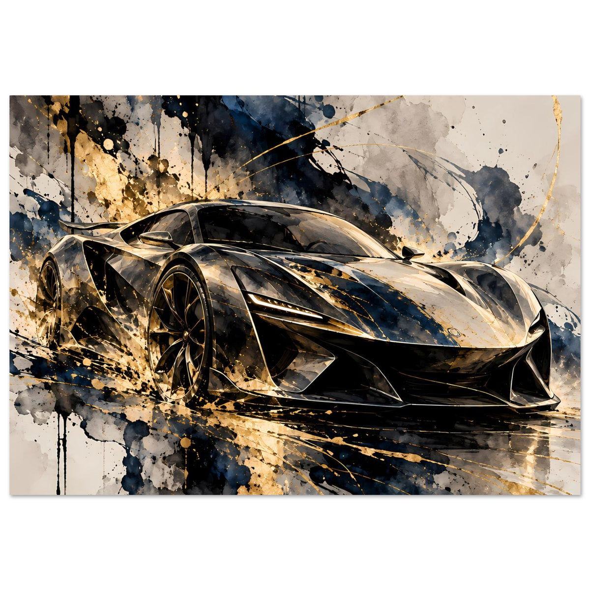 Poster: schwarzer Supersportwagen mit Goldakzenten, dynamische Spritzgrafik – Querformat