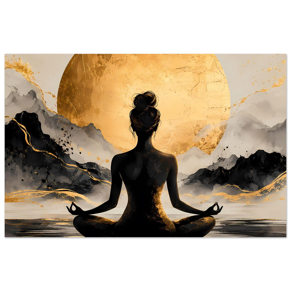 Meditations-Poster mit Meditationsfigur im Lotussitz vor goldener Sonne und Bergen