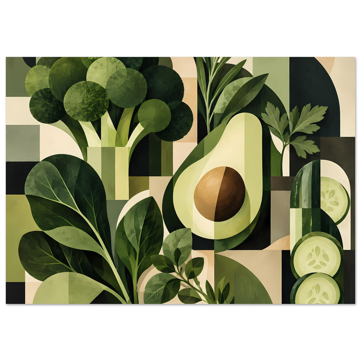 Geometrisches Poster mit Avocado, grünen Blättern und Kräutern, grafischer Collage (querformat).