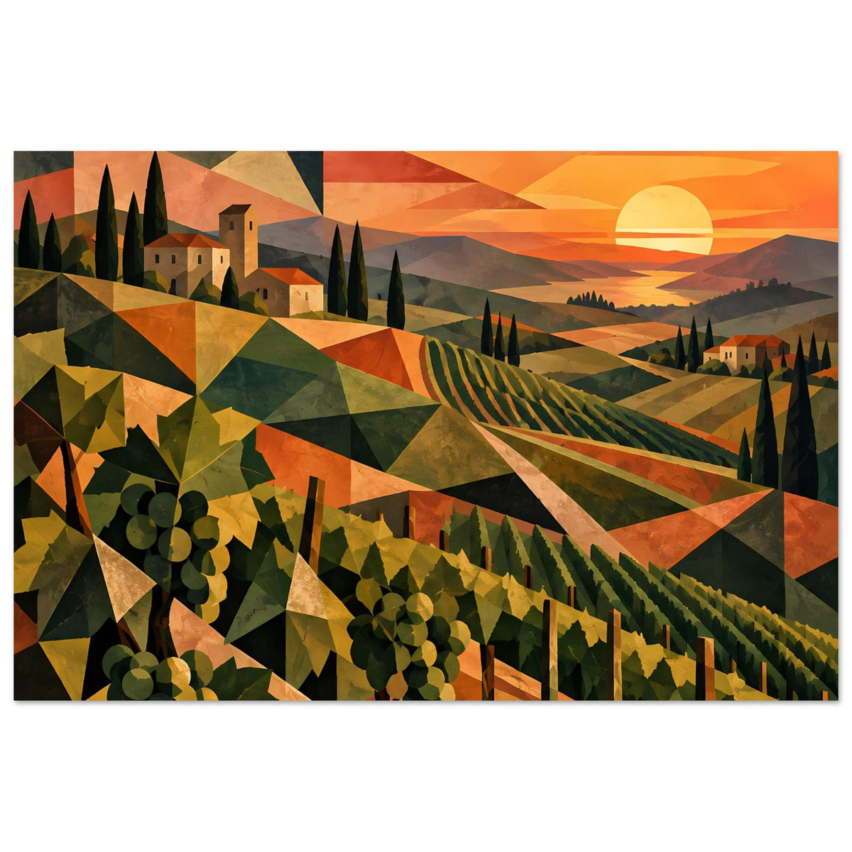 Horizontales Poster mit Weinreben, funkelnden Dreiecken und orangefarbenem Sonnenuntergangshimmel