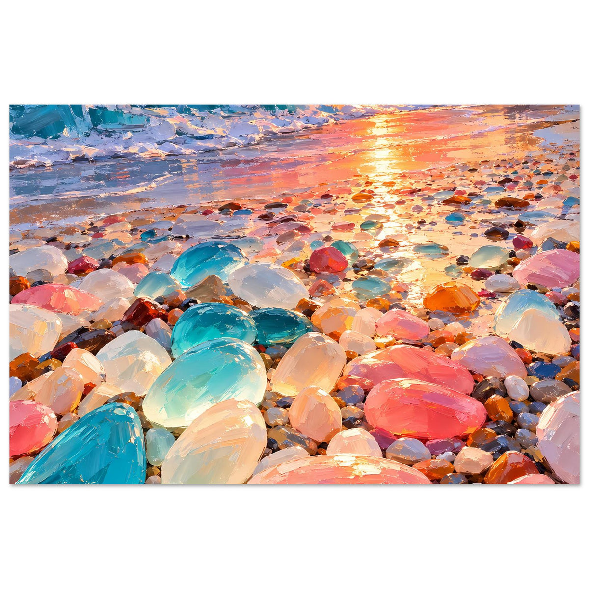 Wandposter mit Sonnenuntergangsreflexen auf Wasser und farbigen Glassteinen am Ufer