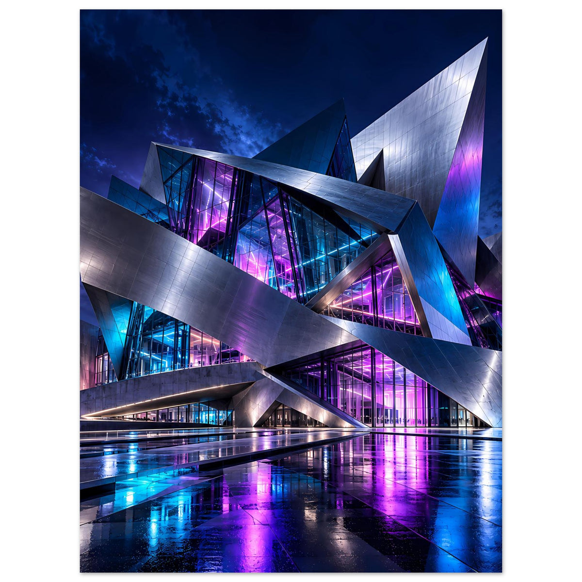 Architekturposter im Hochformat mit futuristischem Gebäude und reflektierender Wasserfläche in Blau/Lila