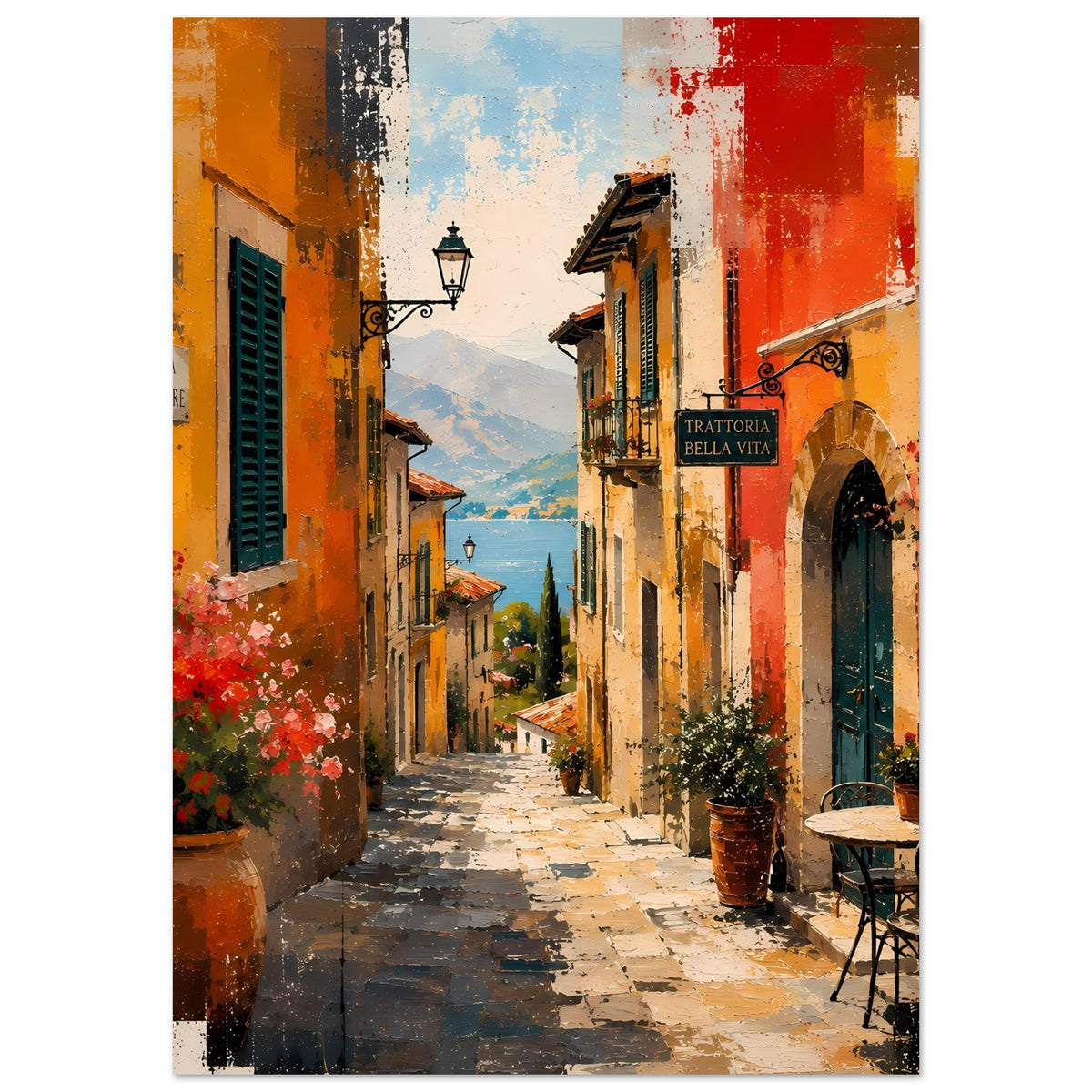 Poster mit mediterraner Straße, Laterne, Fenstern und Sitzbank; Beschriftung „TRATTORIA BELLA VITA“