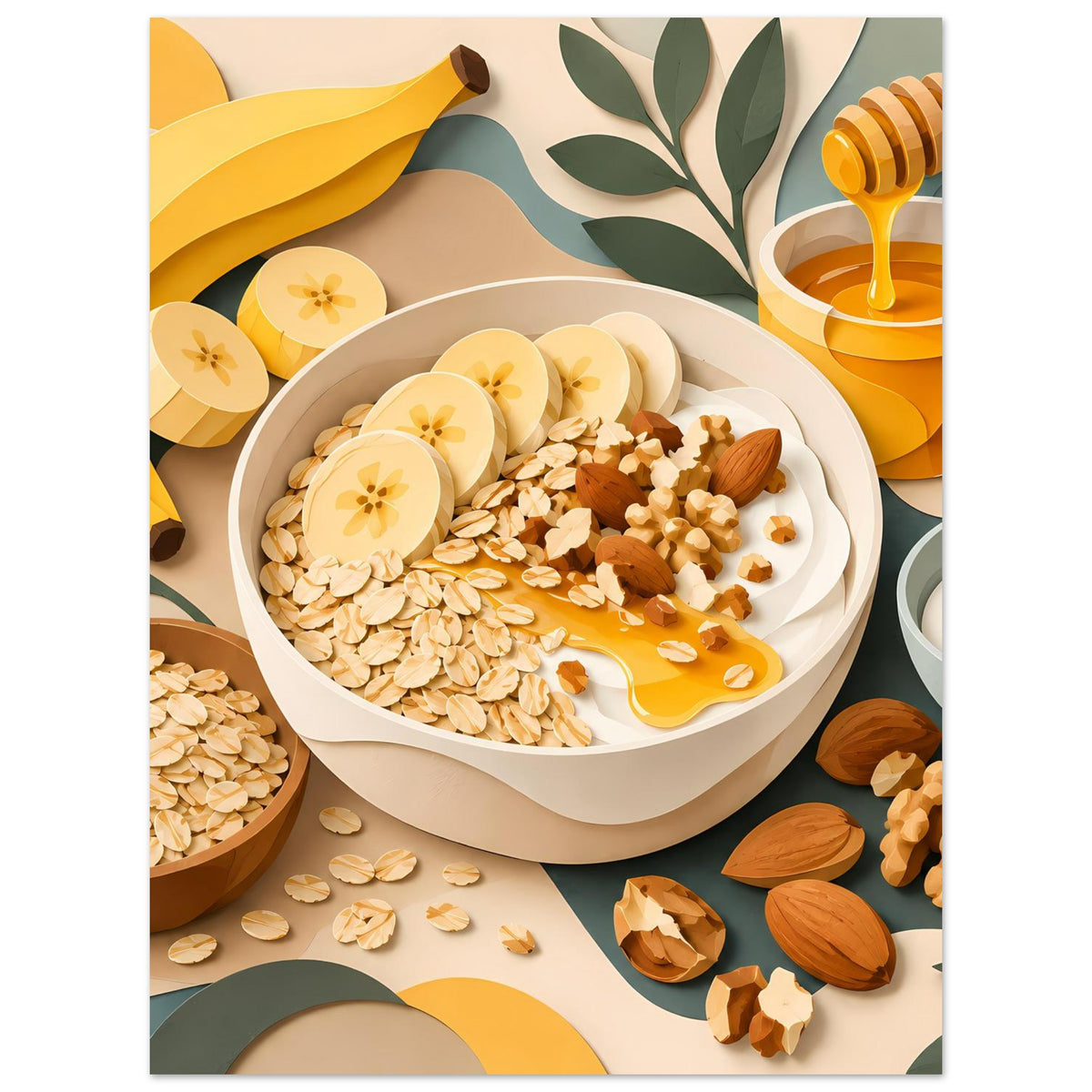 Frühstücks-Poster mit Schüssel Müsli, Honig, Mandeln, Obstscheiben und Blättern