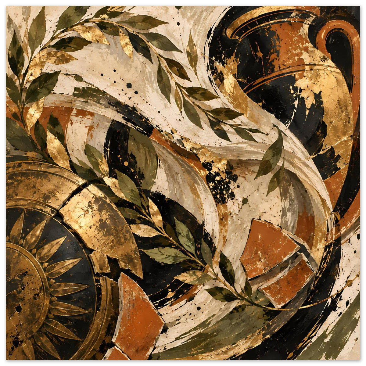 Poster im großen Ausschnitt: schwarze Ornamente, goldene Kreise und grüne Blätter