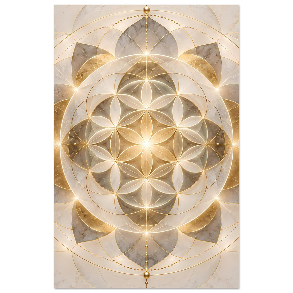 Poster mit goldenem Mandala-Ornament und Aufhängung oben, zentrierter Blütenkreis