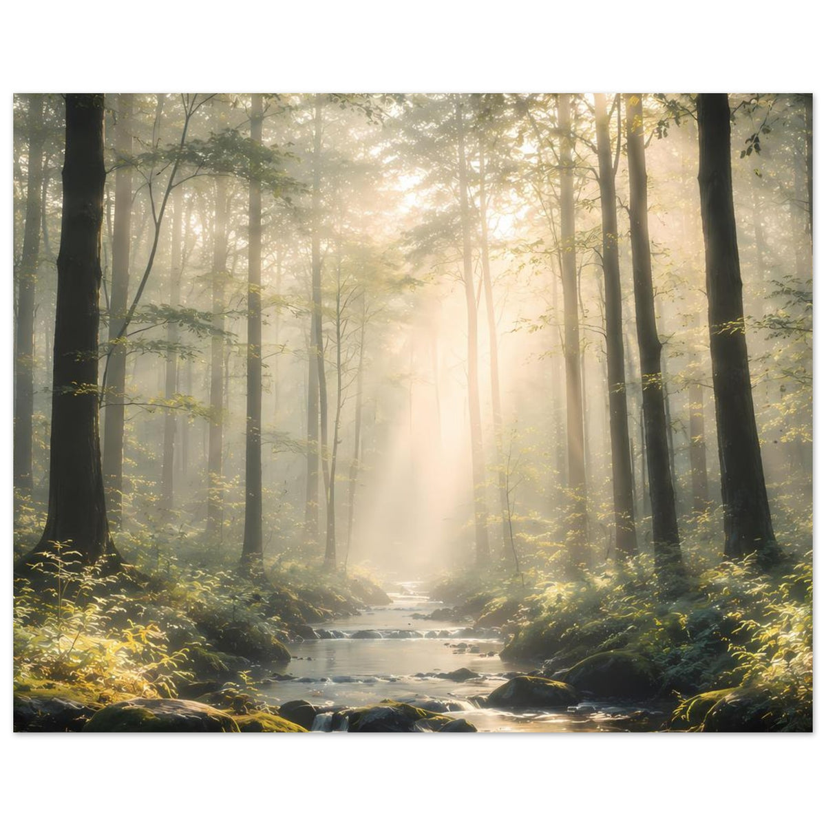 Naturposter Querformat: Ruhiger Bach im Wald unter goldenen Lichtstrahlen