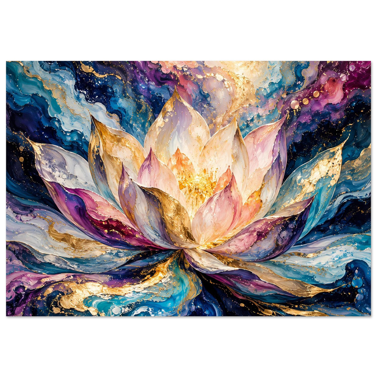 Blumenposter mit Lotusblüte, funkelnden Goldakzenten, blau-grünen und violetten Farbbahnen